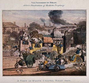 view A variety of steam-driven vehicles with passengers travelling along Whitechapel Road in London. Colour process print after H.T. Alken.