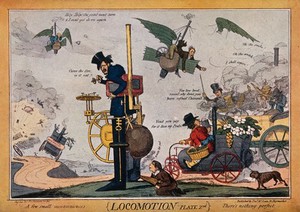 view Types of steam-driven vehicles and flying machines. Colour process print after Robert Seymour, ca. 1830.