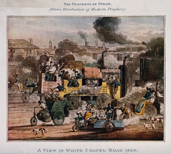 A variety of steam-driven vehicles with passengers travelling along Whitechapel Road in London. Colour process print after H.T. Alken.