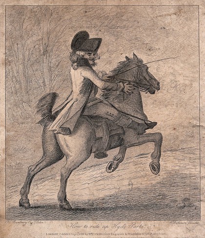 A man riding a horse in Hyde Park. Etching after H.W. Bunbury.