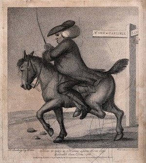 view A man on horseback riding past a road sign to York and Carlisle. Etching by H. Bunbury.