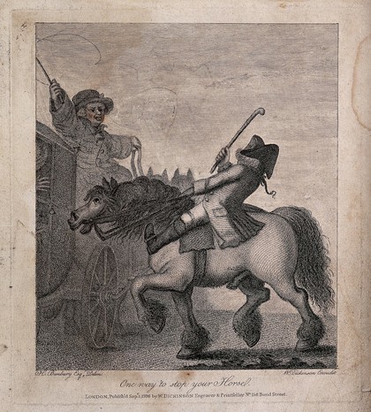 A coachman looks angrily at a man on horseback who has nearly collided with the coach. Etching by H. Bunbury.