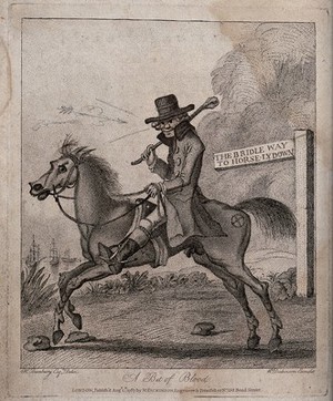 view A man is riding a horse along a bridle way. Etching after H.W. Bunbury.