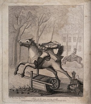 view A runaway horse has upturned an apple cart and the rider is hanging on to the reins. Etching after H.W. Bunbury.