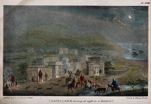 view Travellers in Chile arrive at a village by night. Coloured lithograph by G. Scharf after P. Schmidtmeyer.