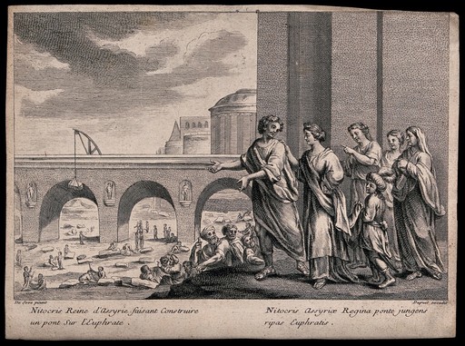 People are looking on as workmen and overseers construct a bridge. Etching after De Seve.