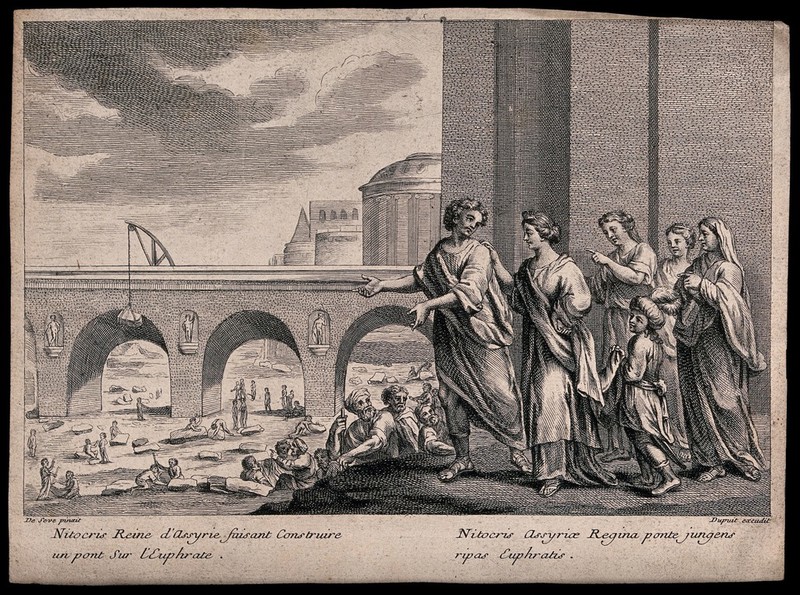 Nitocris, Queen of Babylon, supervising the building of a bridge over the River Euphrates. Etching after J. de Seve., 1700-1799, by Jacques de Sève