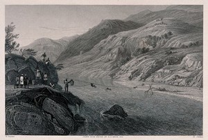 view Use of a rope system (zip wire) to transport people and goods across the river Tons in the Himalayas. Engraving by H. Jorden after W. Purser after G.F. White.