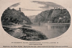 view The River Avon and the Clifton Suspension Bridge, with buildings on the river banks. Lithograph by C. Hullmandel.