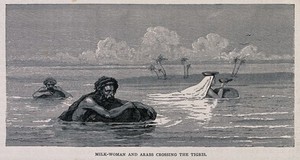 view Two men and a woman crossing the river Tigris on inflated skins. Wood engraving.