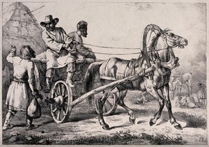 view A man driving a a horse-drawn waggon has stopped to ask the way of a man at the side of the road carrying a bundle: he tells him to go back in the opposite direction. Lithograph atributed to E. Purcell after C. Vernet.