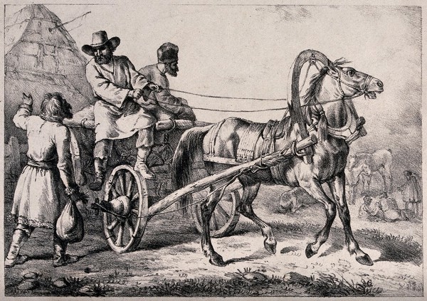 A man driving a a horse-drawn waggon has stopped to ask the way of a man at the side of the road carrying a bundle: he tells him to go back in the opposite direction. Lithograph atributed to E. Purcell after C. Vernet.