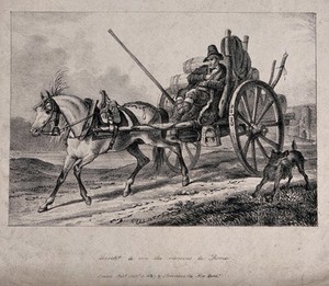 view A wine-dealer travelling on a cart pulled by a horse and carrying casks of wine. Lithograph by E. Purcell after Carle Vernet.