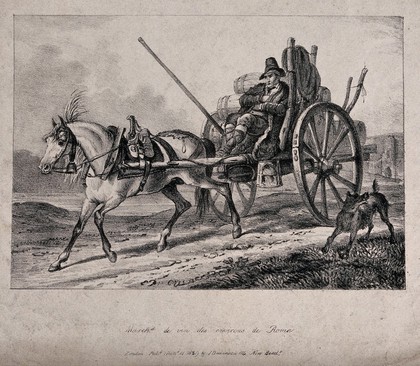 A wine-dealer travelling on a cart pulled by a horse and carrying casks of wine. Lithograph by E. Purcell after Carle Vernet.