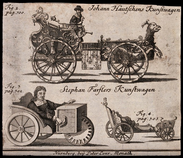 Above, Johann (Hans) Hautsch of Nuremberg driving his horseless carriage said to have been powered by clockwork; below, Stephan Farfler, a disabled clockmaker of Altdorf, with two of the hand-powered cars that he devised and built to convey himself to church. Engraving, 1730.