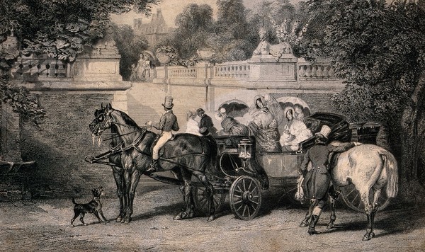 A party of finely-dressed women is arriving by carriage and horses at the steps of a mansion set in spacious grounds. Engraving.