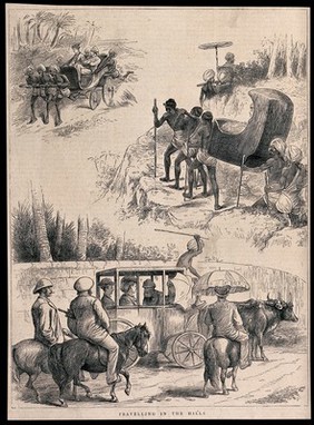 European men and women being transported by Indian men, in a coach drawn by oxen, in sedan chairs, and in a carriage pulled by men. Wood engraving, 1875.