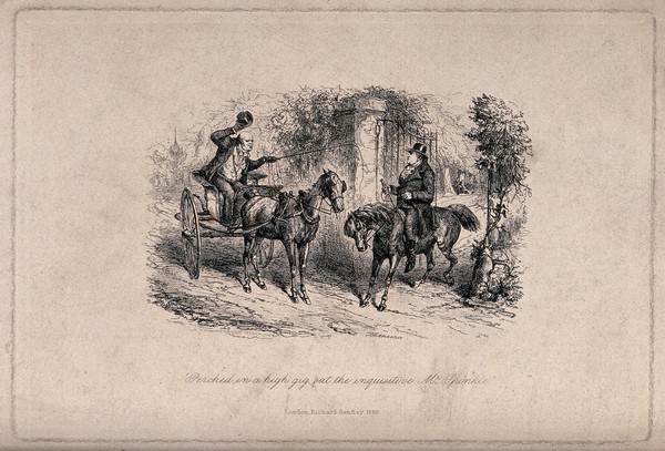 A man travelling in a gig is lifting his hat to a man on horseback as he encounters him leaving his property through the gate. Etching by T.H. Nicholson.