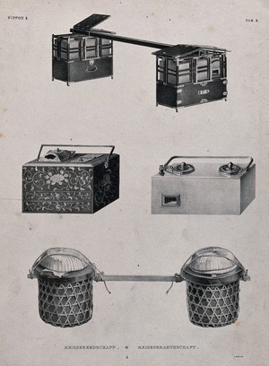 view Japanese travelling panniers and trunks. Lithograph by L.M. Nader.