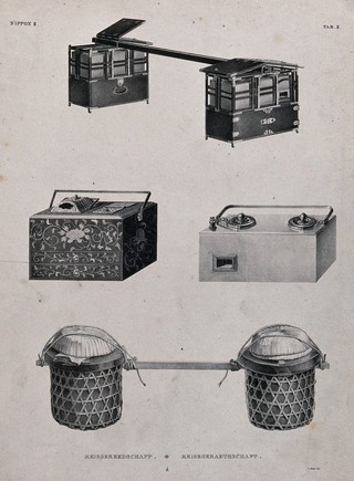 Japanese travelling panniers and trunks. Lithograph by L.M. Nader.