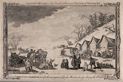 People are carrying goods on sledges over the snow. Engraving by Smith.