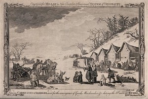 view Russia: people carrying goods on sledges over the snow. Engraving by Smith, 1785.