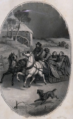 view A man on horseback driving a sledge with two girls and a boy on it. Engraving.