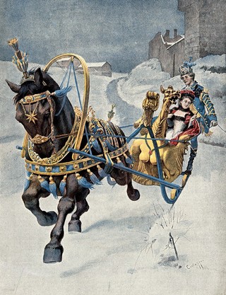 A fine horse wearing a gold and blue harness is pulling a golden sleigh carrying a woman with a footman behind. Colour halftone after O. Cortazzo.