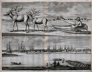 view Archangel: (above) two reindeer harnessed to a sledge which a boy is driving; (below) ship building docks and ferry. Etching.