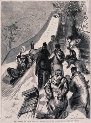 view Rideau Hall, Ottawa: people using a toboggan slide in the presence of the Marquis of Lorne, governor-general of Canada, and his wife Princess Louise. Wood engraving by H. Harral after S.P. Hall.