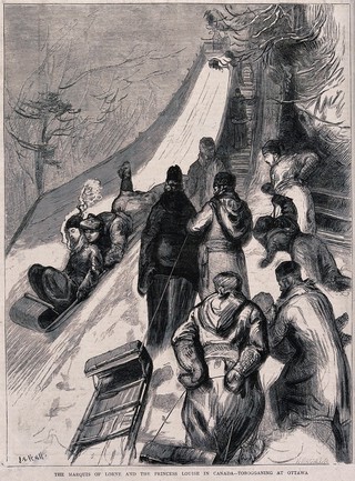 Rideau Hall, Ottawa: people using a toboggan slide in the presence of the Marquis of Lorne, governor-general of Canada, and his wife Princess Louise. Wood engraving by H. Harral after S.P. Hall.