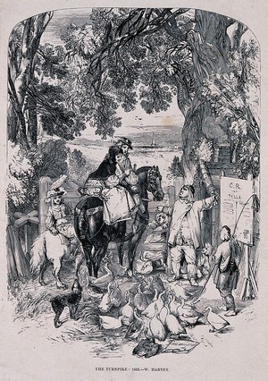 view A couple on horseback and a young child on a pony are stopped at a gate by a farmer who points at a tollgate sign pinned to the fence. Process print after Fred Branston after W. Harvey.