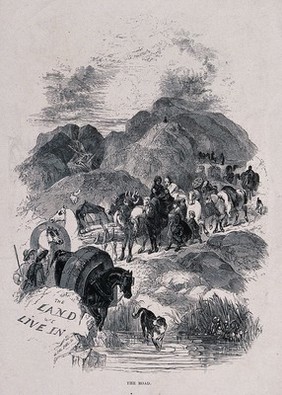 Travellers in England in the seventeenth century transporting their animals and belongings on a pack-horse across a rocky pass. Wood engraving by G. Dalziel after William Harvey.