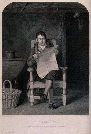 view A man is sitting in a large chair reading a newspaper. Engraving by C.W. Sharpe after T.S. Goode.