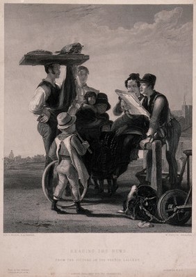 A group of people are gathered around a couple reading a newspaper. Engraving by W. Taylor after Sir David Wilkie.