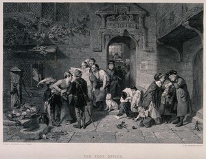 view Groups of people are gathered outside a building reading newspapers and letters. Engraving by C.W. Sharpe after Frederick Goodall.