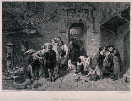 Groups of people are gathered outside a building reading newspapers and letters. Engraving by C.W. Sharpe after Frederick Goodall.