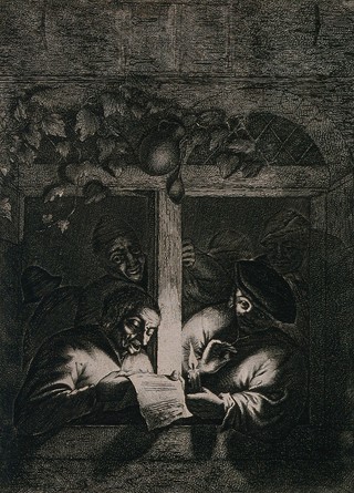 A man is leaning out of a window reading a letter by the light of the candle which his companion is holding. Engraving after Adriaen van Ostade.