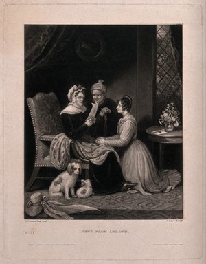 view An old woman is reading a letter out to a man and a young woman around her chair. Mezzotint, 1837, by H. Dawe after W. Thomas.