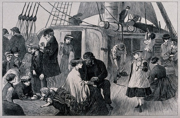 Passengers gathered on the deck of a ship in families. Wood engraving by Swain.