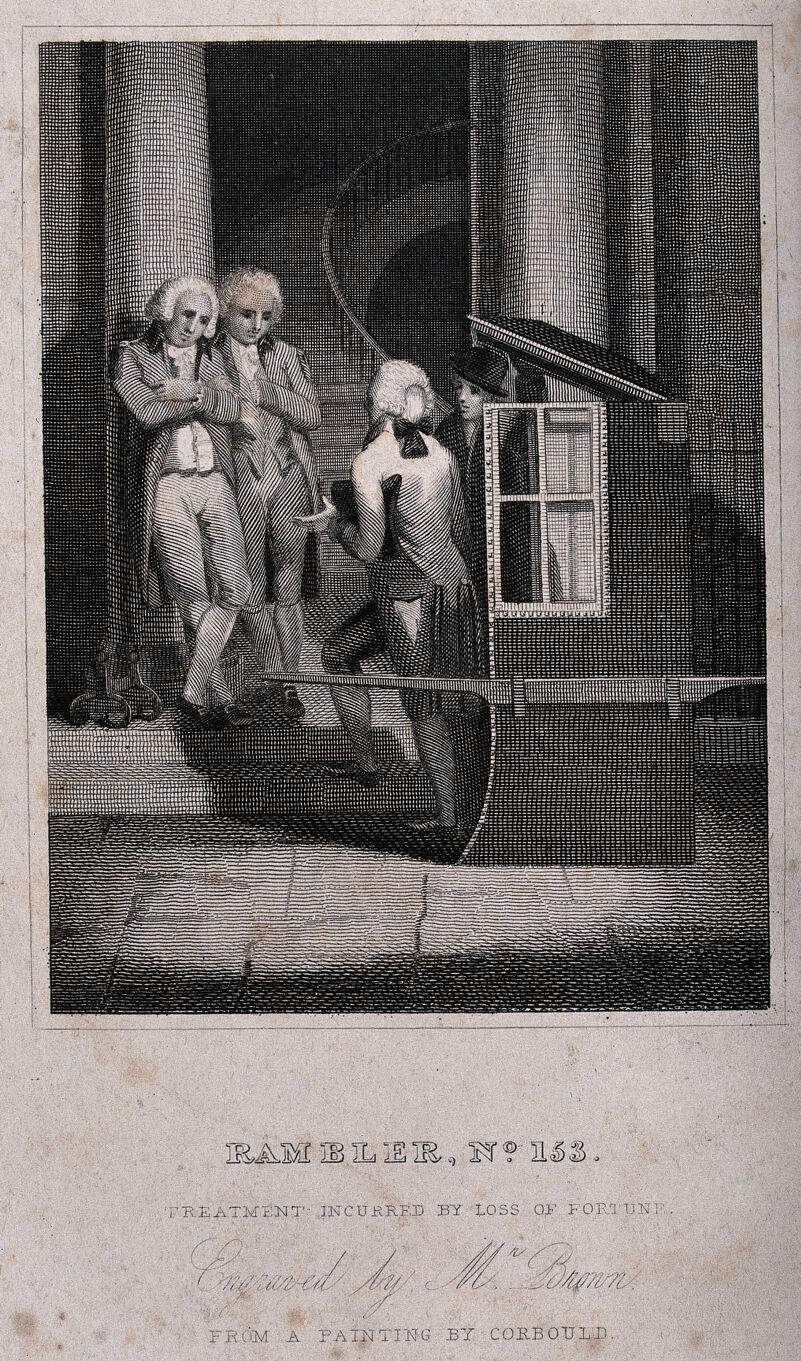 A man alights from a sedan chair to meet his companions at the foot of the stairs. Engraving by Brown after Corbould., March 20 1824, by Henry Corbould
