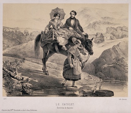 A man and a woman travelling sitting on cacolets laid across the back of a horse which is being led by a girl across a stream. Tinted lithograph by Bernain after H. Feillet.