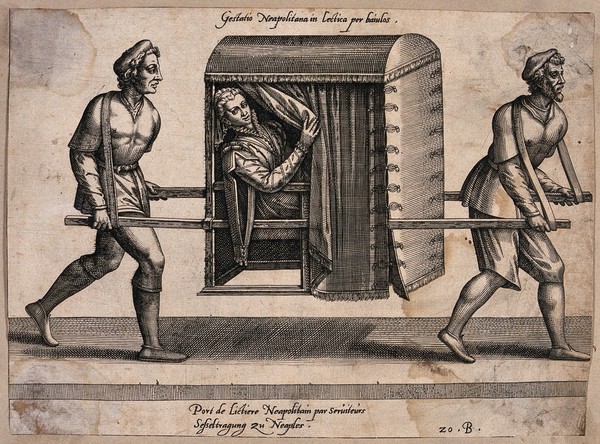 A woman in Naples is being carried in a sedan chair by two men. Engraving by R. Boissard.