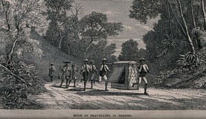 view Two men are carrying a palanquin between them along a road, others walk behind with yokes across their shoulders. Wood engraving.