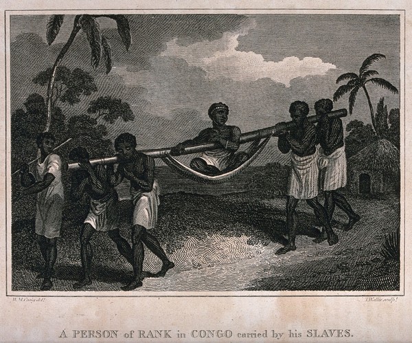A man of high rank in the Congo is being carried in a litter by four other men. Engraving by T. Wallis after W.M. Craig.