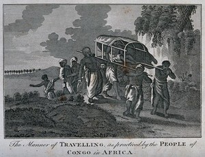 view A man in the Congo is being carried in a litter by four other men travelling in a party. Engraving, 17989.