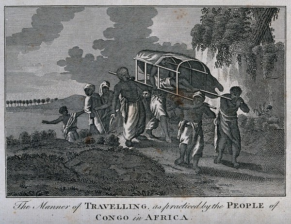 A man in the Congo is being carried in a litter by four other men travelling in a party. Engraving, 17989.