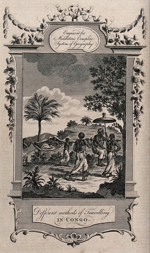 One man is being carried in a litter and another on a seat suspended from sticks. Engraving by Taylor after Wale.