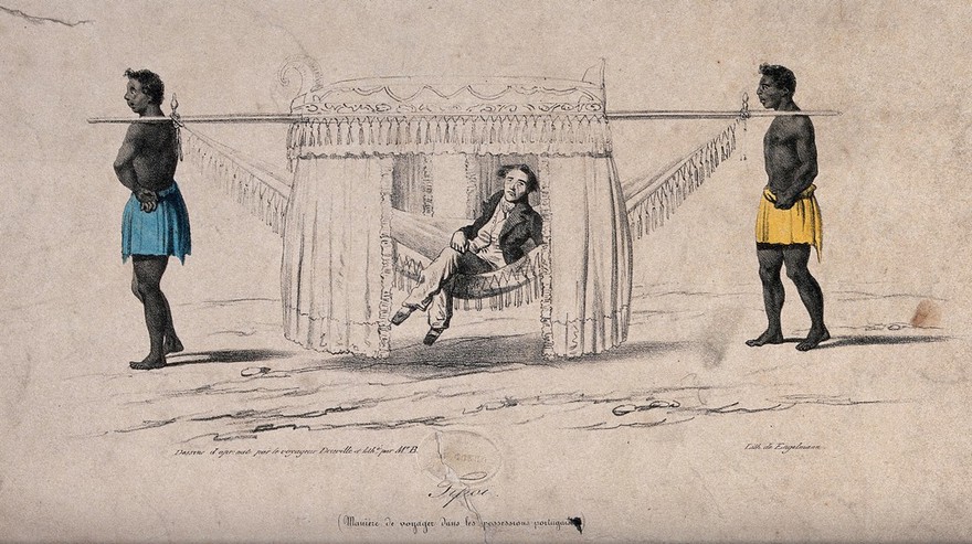 J.B. Douville in Africa being carried in a litter ("tipoi") suspended on poles between two people. Coloured lithograph attributed to Boulanger (?) afterJ.B. Douville.