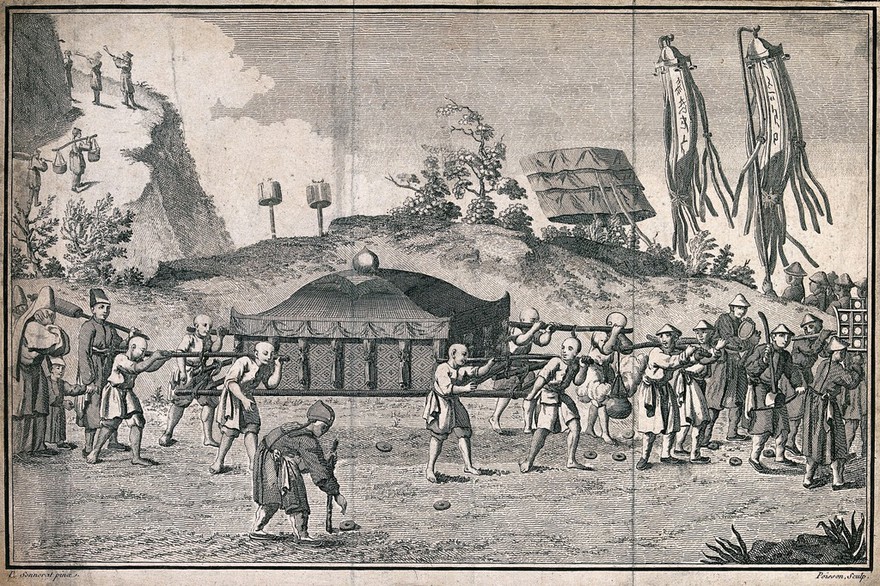 A funeral procession in China: the cadaver is carried in a palanquin. Engraving by J.B.M. Poisson after P. (?) Sonnerat.